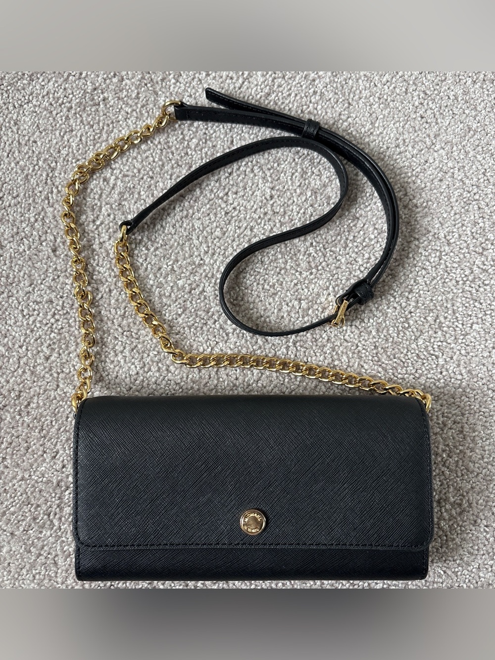 Michael Kors Black Leather Crossbody Wallet with Gold Chain
